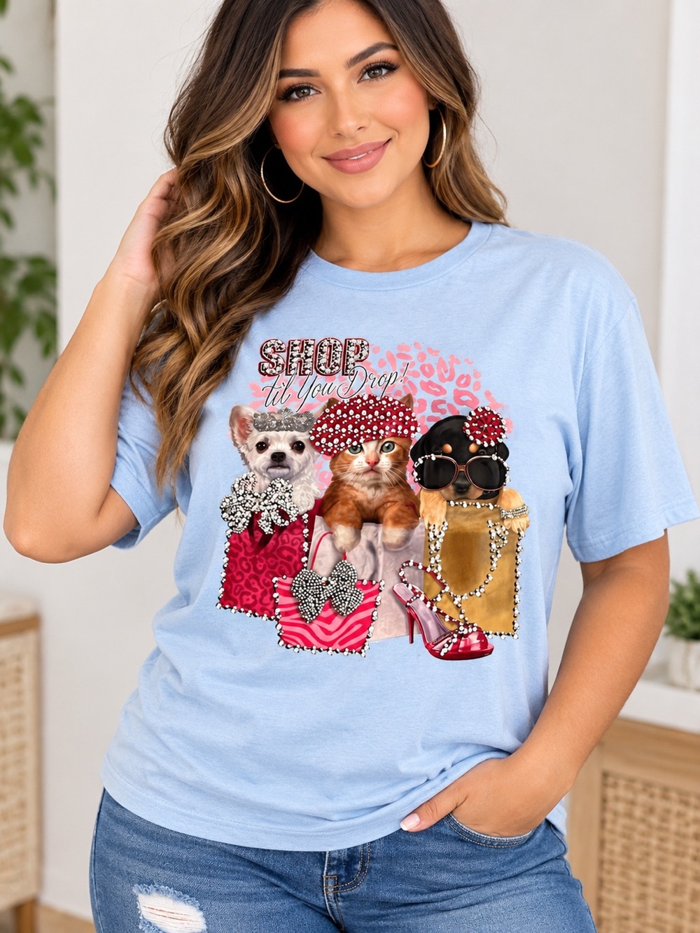 Shop 'Til You Drop! Embellished Rhinestone Tee with Glam Pets